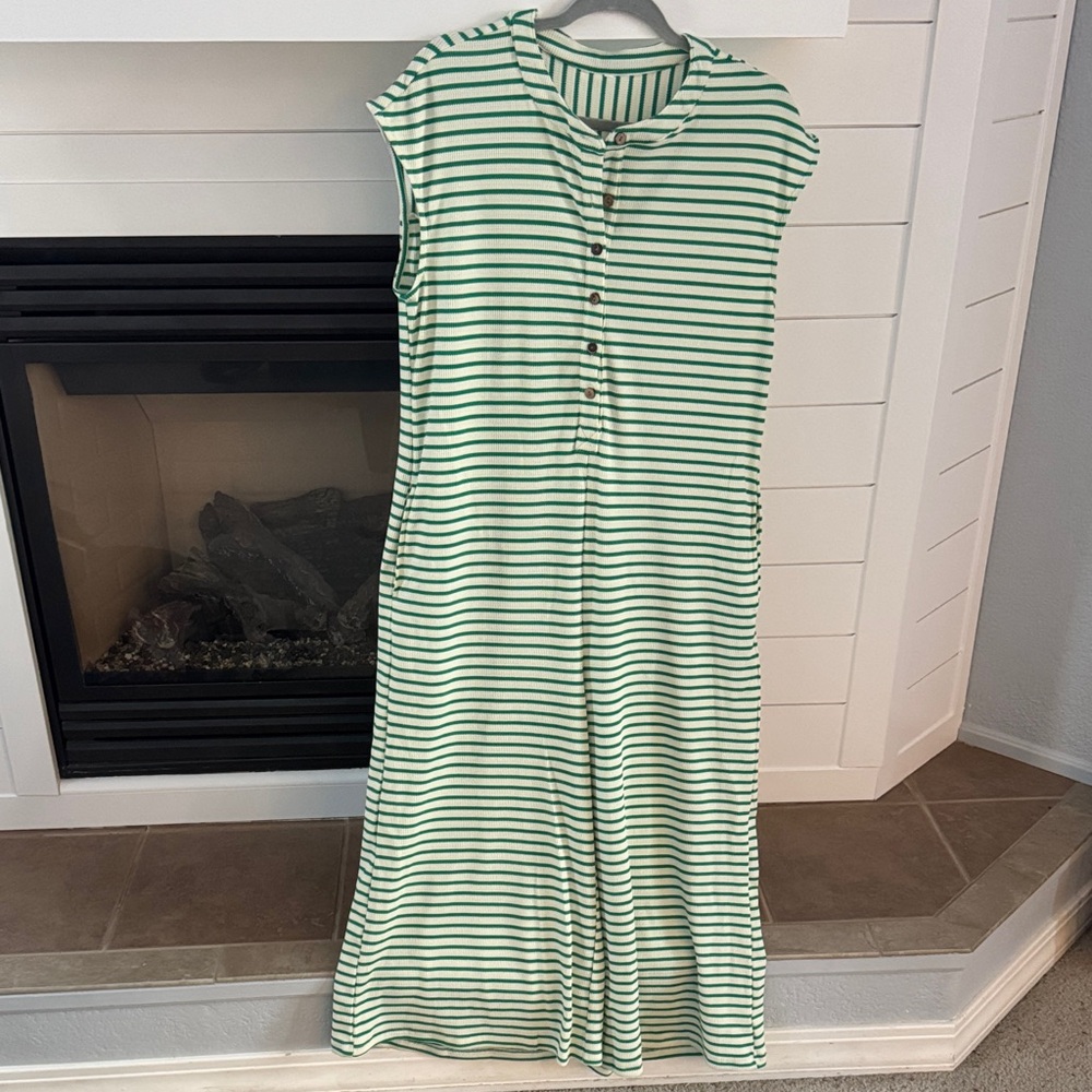 Green and White Striped Sleeveless Jumpsuit
